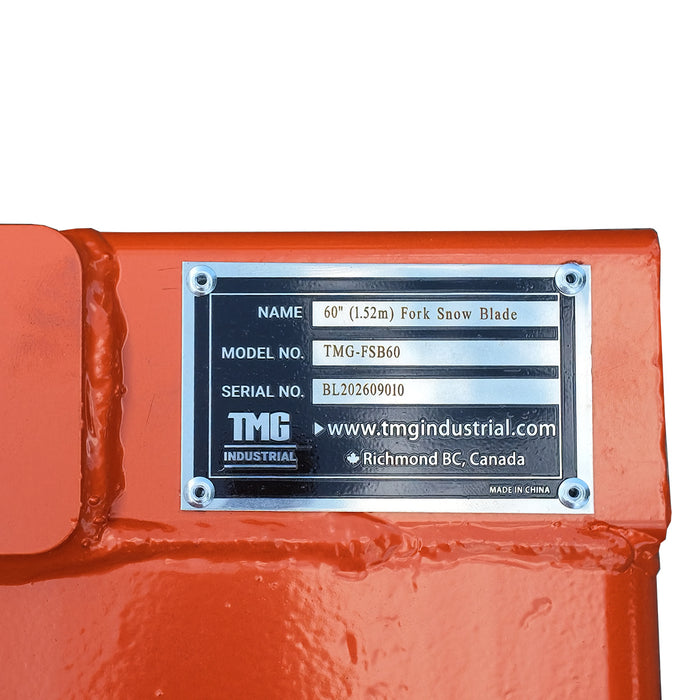 60" Forklift Snow Blade / Snow Pusher, 30° Left & Right, 60° Trip Angle, Bolt-On Cutting Edge, 2 - 3.5 Ton Forklift, TMG-FSB60