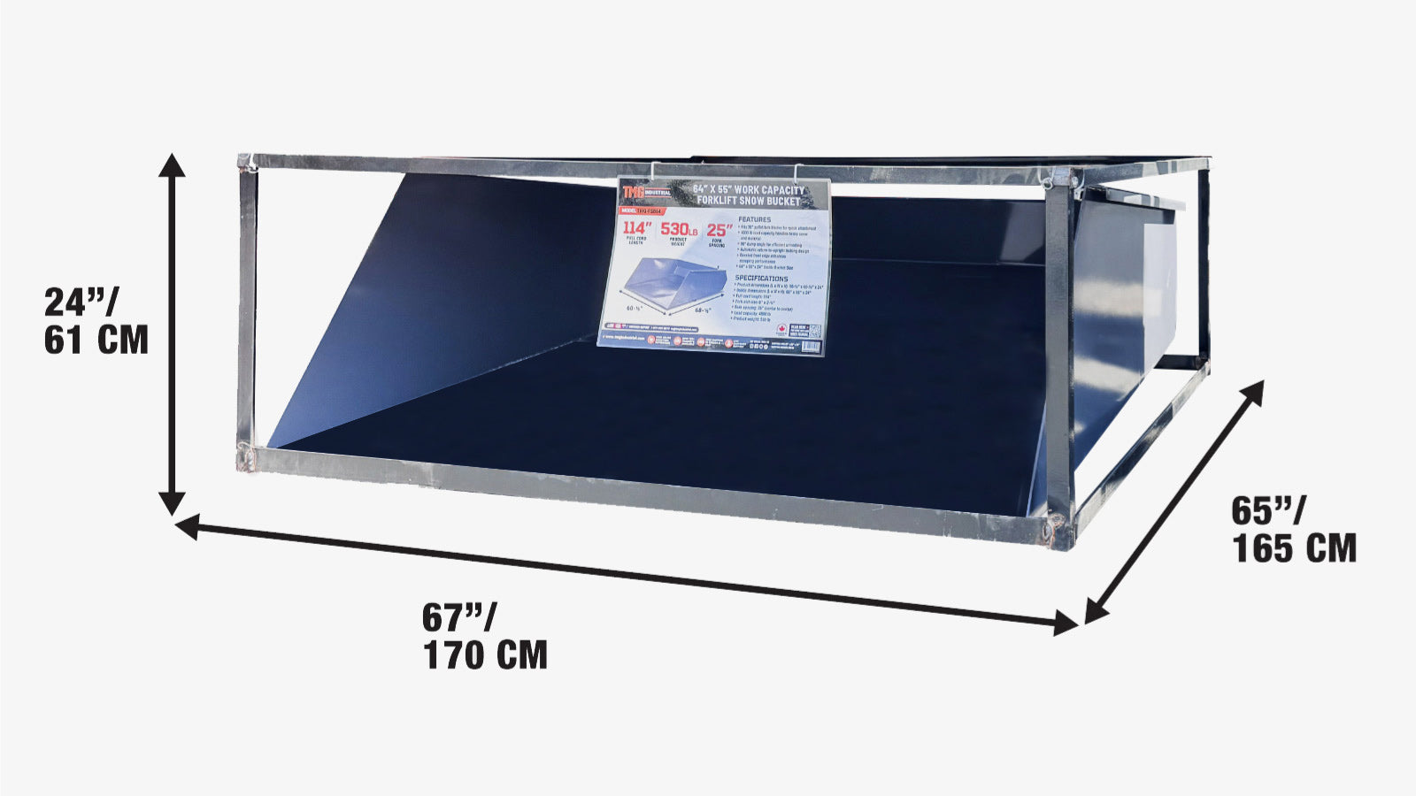 Forklift Snow Bucket, 64” x 55” Work Capacity, 90° Dump Angle, Beveled Edge Design, TMG-FSB64-shipping-info-image