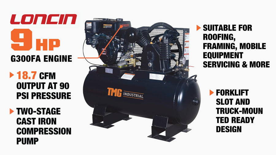 40 Gallon Skid Mount Gas Air Compressor, 2-Stage Belt Drive, 9 HP Engine, horizontal Tank TMG-GAC40
