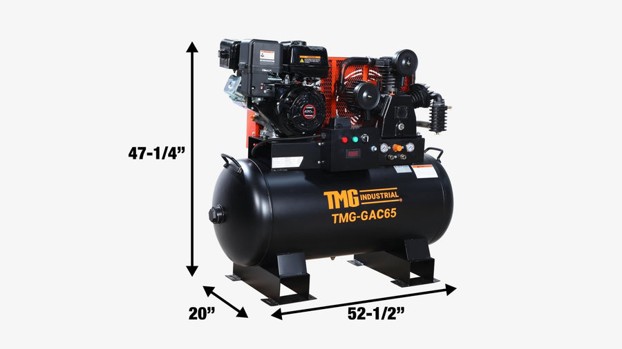 60 Gallon Skid Mount Gas Air Compressor, 2-Stage Belt Drive, 14 HP Engine, Horizontal Tank TMG-GAC65
