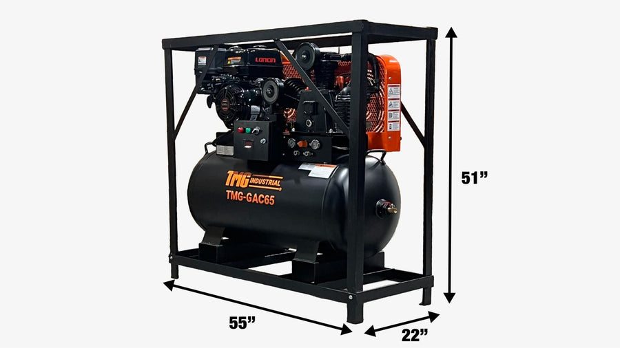 60 Gallon Skid Mount Gas Air Compressor, 2-Stage Belt Drive, 14 HP Engine, Horizontal Tank TMG-GAC65