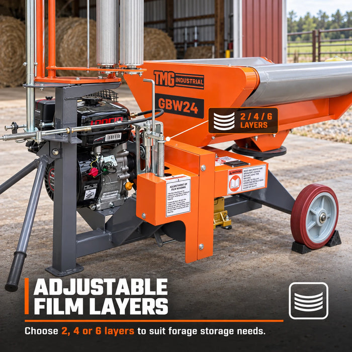 Adjustment mechanism close-up on TMG Industrial bale wrapper showing film layers