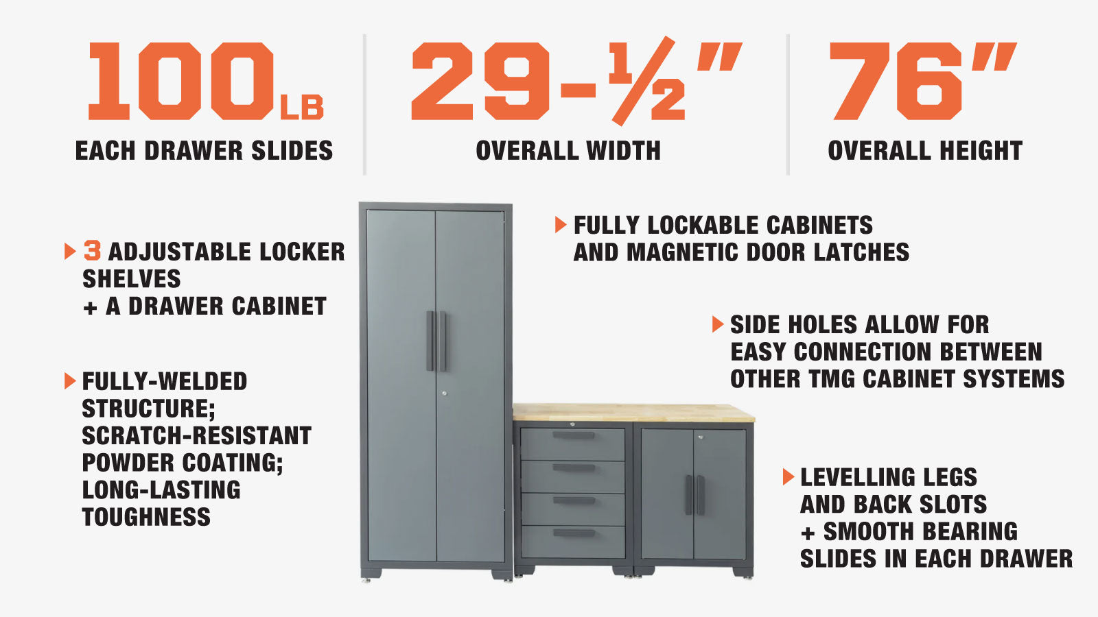 TMG Industrial Pro Series 4-Piece Garage Cabinet Combo, 150 Lb Shelving Load Capacity, Shelves Per Locker, TMG-GCC04-description-image