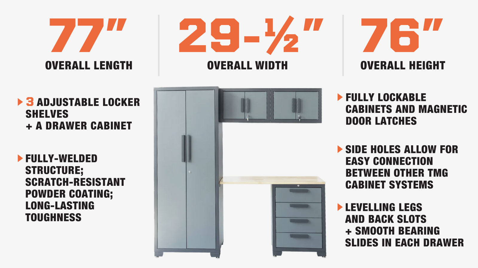 TMG Industrial Pro Series 5-Piece Garage Cabinet Combo, 1 Locker + 2 Overhead Cabinets + 4-Drawer Cabinet, 3 Shelves Per Locker, TMG-GCC05-description-image