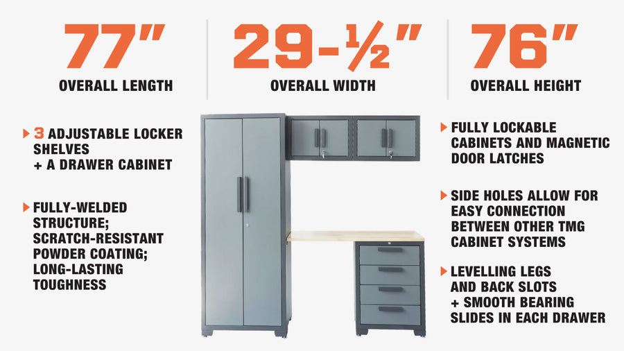 Gamme Heavy Series™ de TMG – Ensemble de 5 armoires de garage, 1 armoire de rangement + 2 armoires hautes + 1 armoire à 4 tiroirs, 3 tablettes par armoire de rangement, TMG-GCC05 (Discontinué – Non offert)