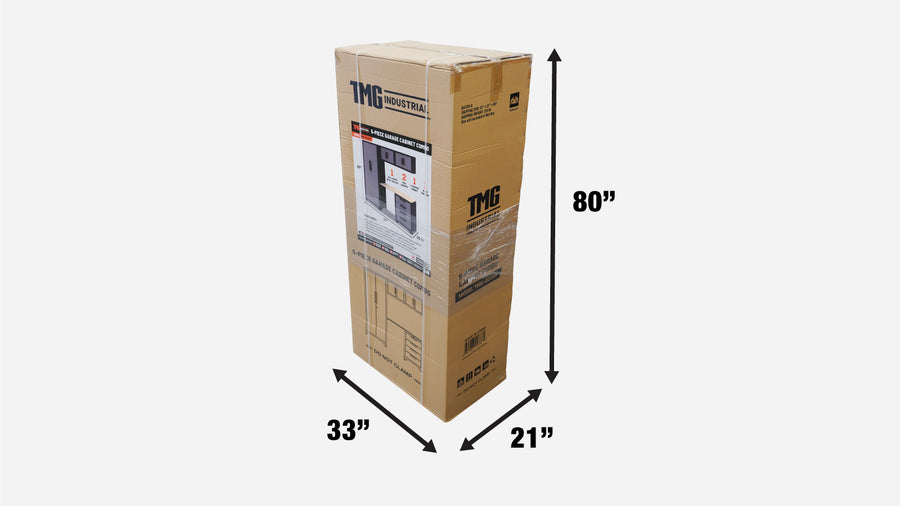 Gamme Heavy Series™ de TMG – Ensemble de 5 armoires de garage, 1 armoire de rangement + 2 armoires hautes + 1 armoire à 4 tiroirs, 3 tablettes par armoire de rangement, TMG-GCC05 (Discontinué – Non offert)