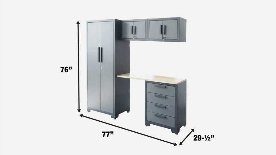 Gamme Heavy Series™ de TMG – Ensemble de 5 armoires de garage, 1 armoire de rangement + 2 armoires hautes + 1 armoire à 4 tiroirs, 3 tablettes par armoire de rangement, TMG-GCC05 (Discontinué – Non offert)