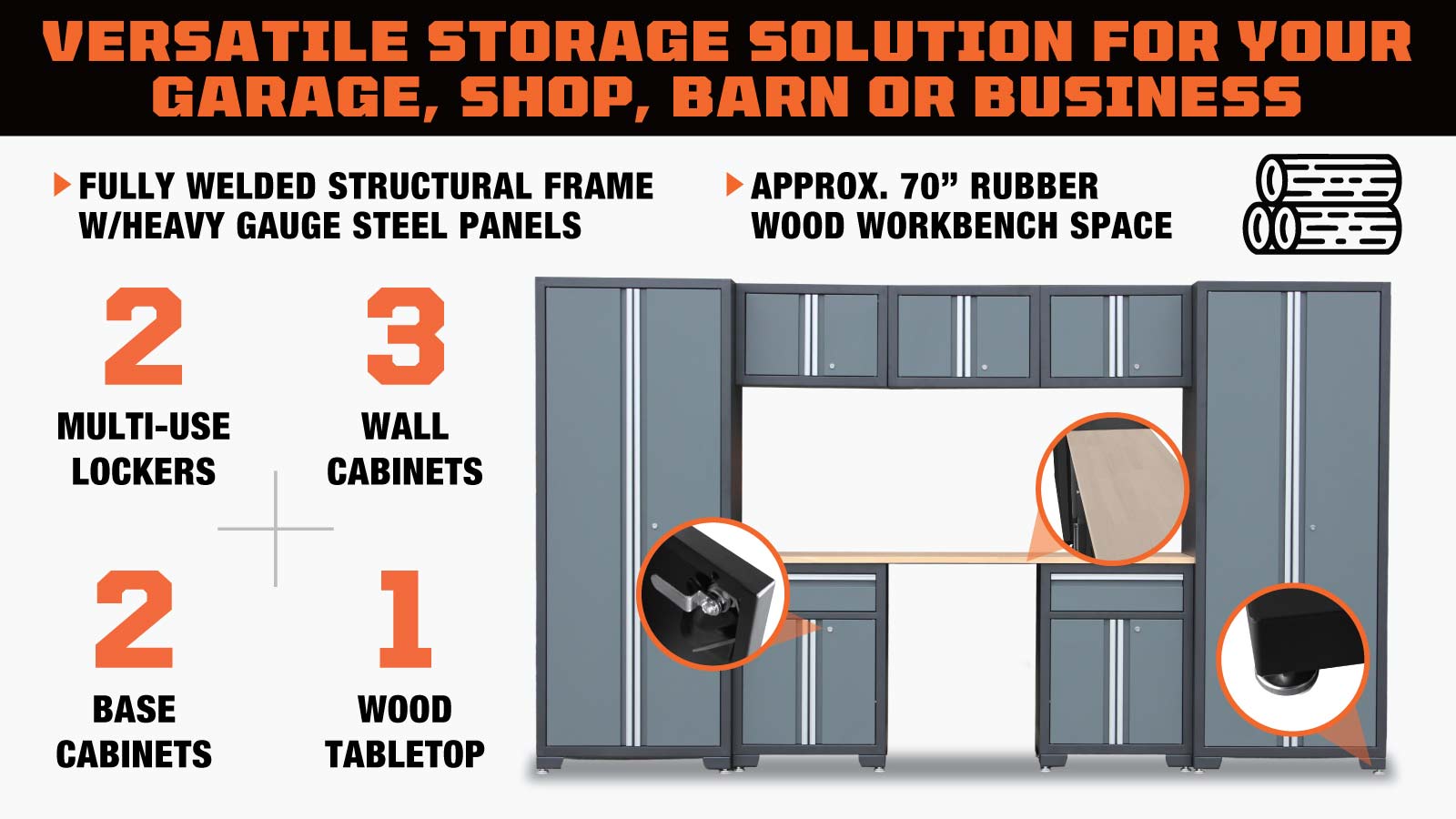 TMG Industrial Pro Series 8-Piece Garage Storage Cabinet Combo Set, Rubber Wood Tabletop, Recessed Aluminum Handles, TMG-GCC08B-description-image
