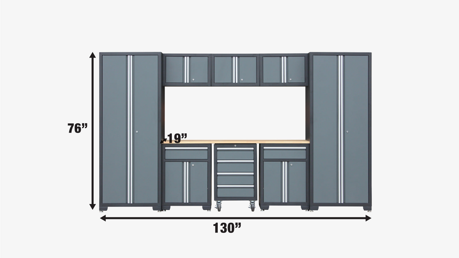 TMG Industrial Pro Series Armoire de rangement de garage 9 pièces avec armoire roulante, dessus de table en bois d'hévéa, poignées encastrées en aluminium, TMG-GCC09B-specifications-image