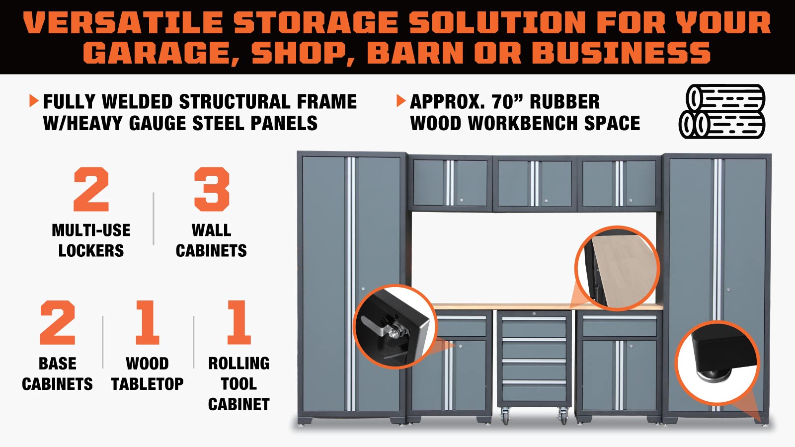 TMG Industrial Pro Series 9-Piece Garage Storage Cabinet Combo Set w/Rolling Cabinet, Rubber Wood Tabletop, Recessed Aluminum Handles, TMG-GCC09B-description-image