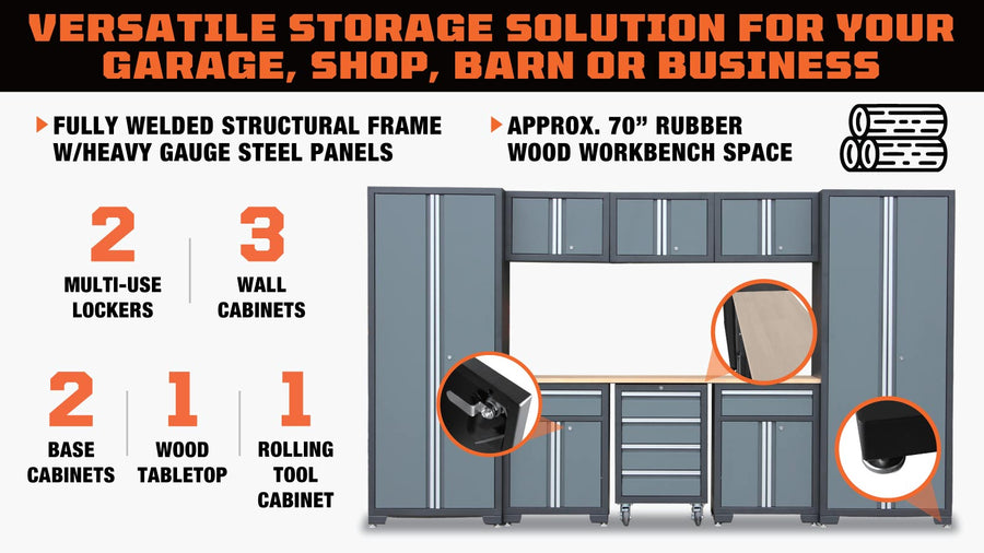 TMG Heavy Series™ 9-Piece Garage Storage Cabinet Combo Set w/Rolling Cabinet, Rubber Wood Tabletop, Recessed Aluminum Handles, TMG-GCC09B