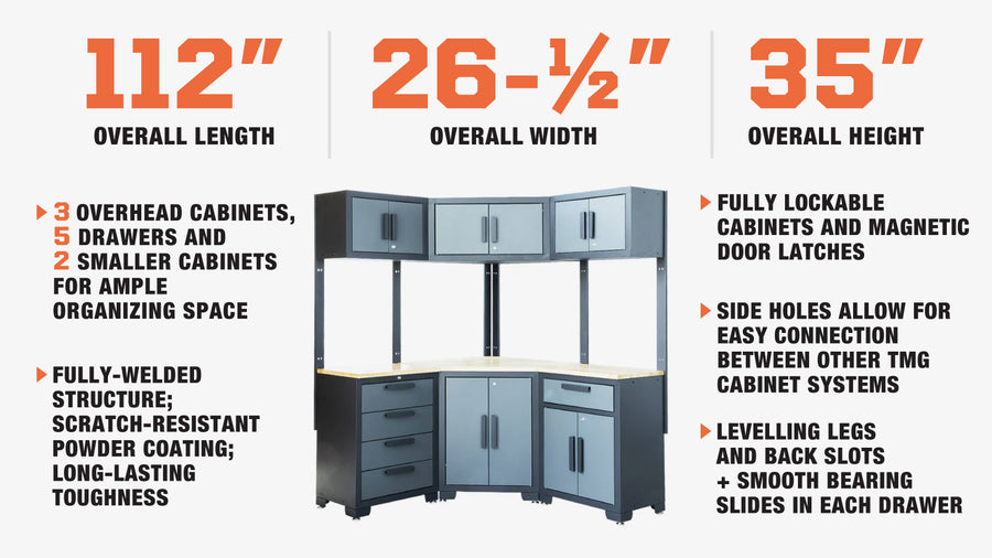 TMG Heavy Series™ 9-Piece Corner Garage Cabinet Combo, 3 Overhead Cabinets, 3 Base Cabinets, TMG-GCC10 (Discontinued – No Longer Available)