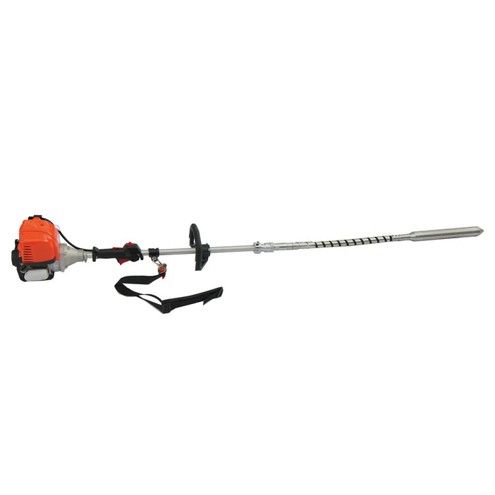 TMG-GCV50 gas concrete vibrator full side view with shoulder strap and flexible shaft