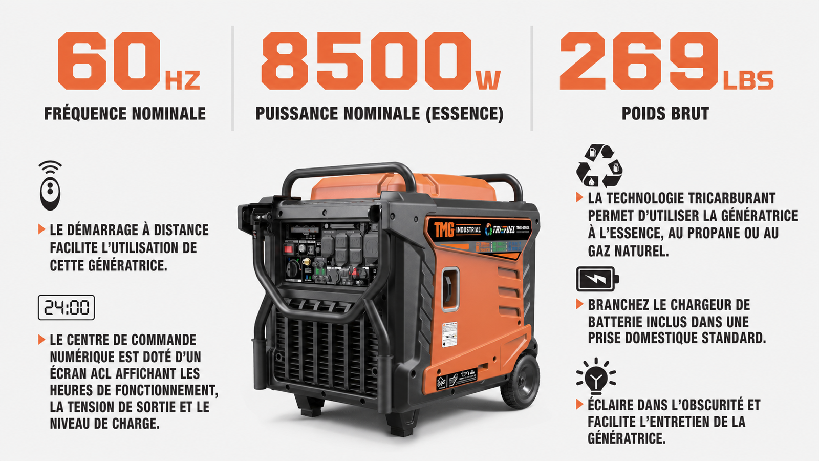 Générateur onduleur portable 10,5 kW pour la maison, le camping-car et une utilisation hors réseau – Hybride trifuel, THD < 3 % TMG-GDI105-description-image
