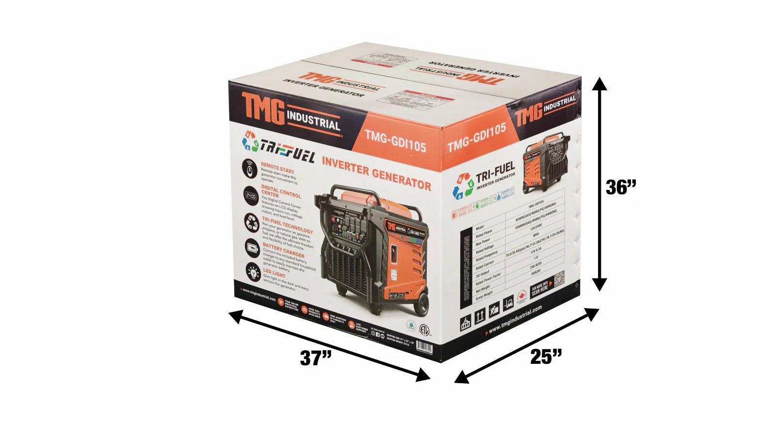 TMG Industrial 10500 Watt Digital Inverter Hybrid Portable Generator, Tri-Fuel Capabilities (Gas/LPG/NG), 8hrs 50% Load Run Time, CETL,ETL Certified For Canada/US, EPA emissions compliance, TMG-GDI105-shipping-info-image