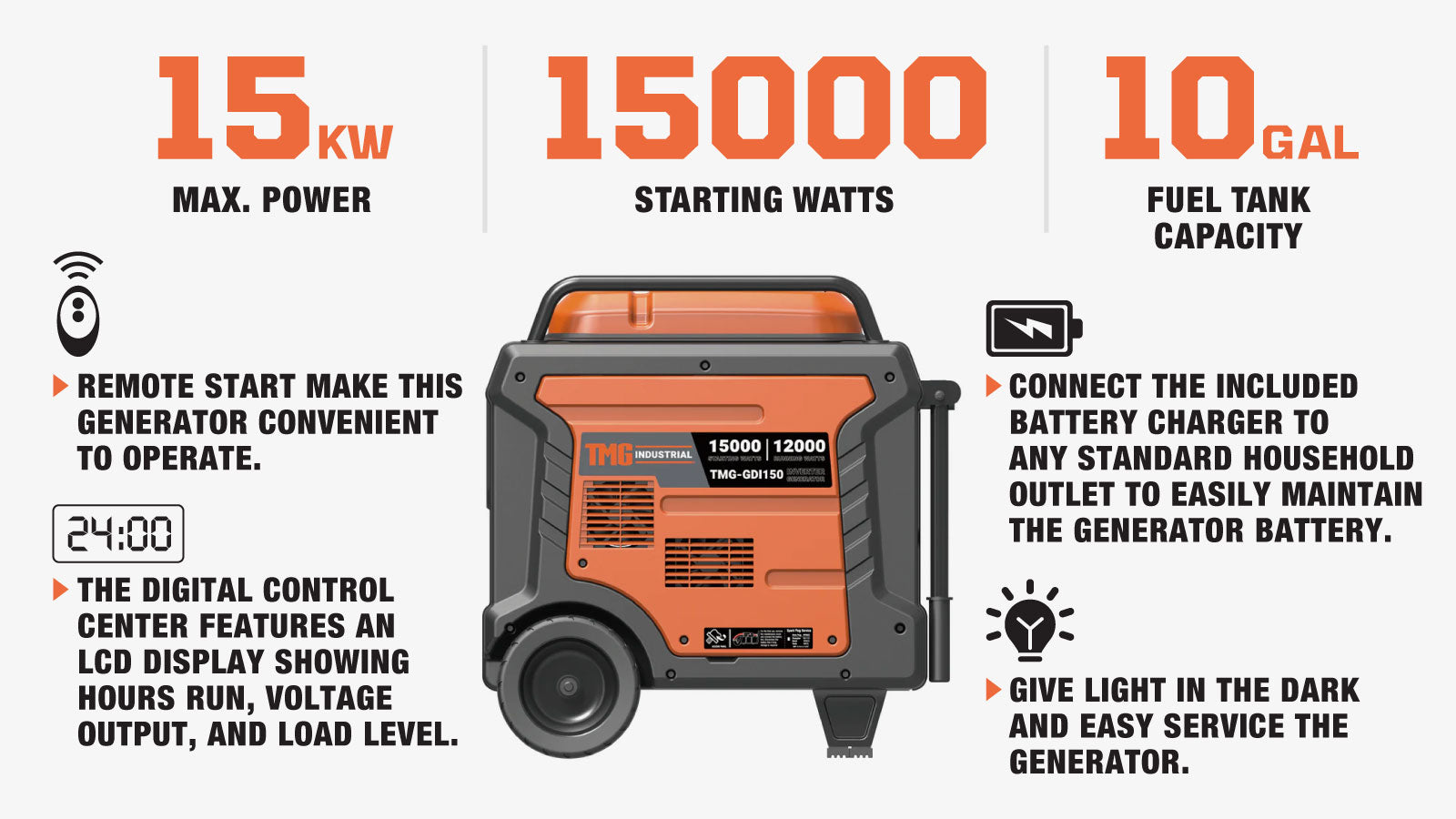 TMG Industrial 15000 Watt Digital Inverter Portable Generator, 10hrs 50% Load Run Time,  EPA Compliance, TMG-GDI150-description-image