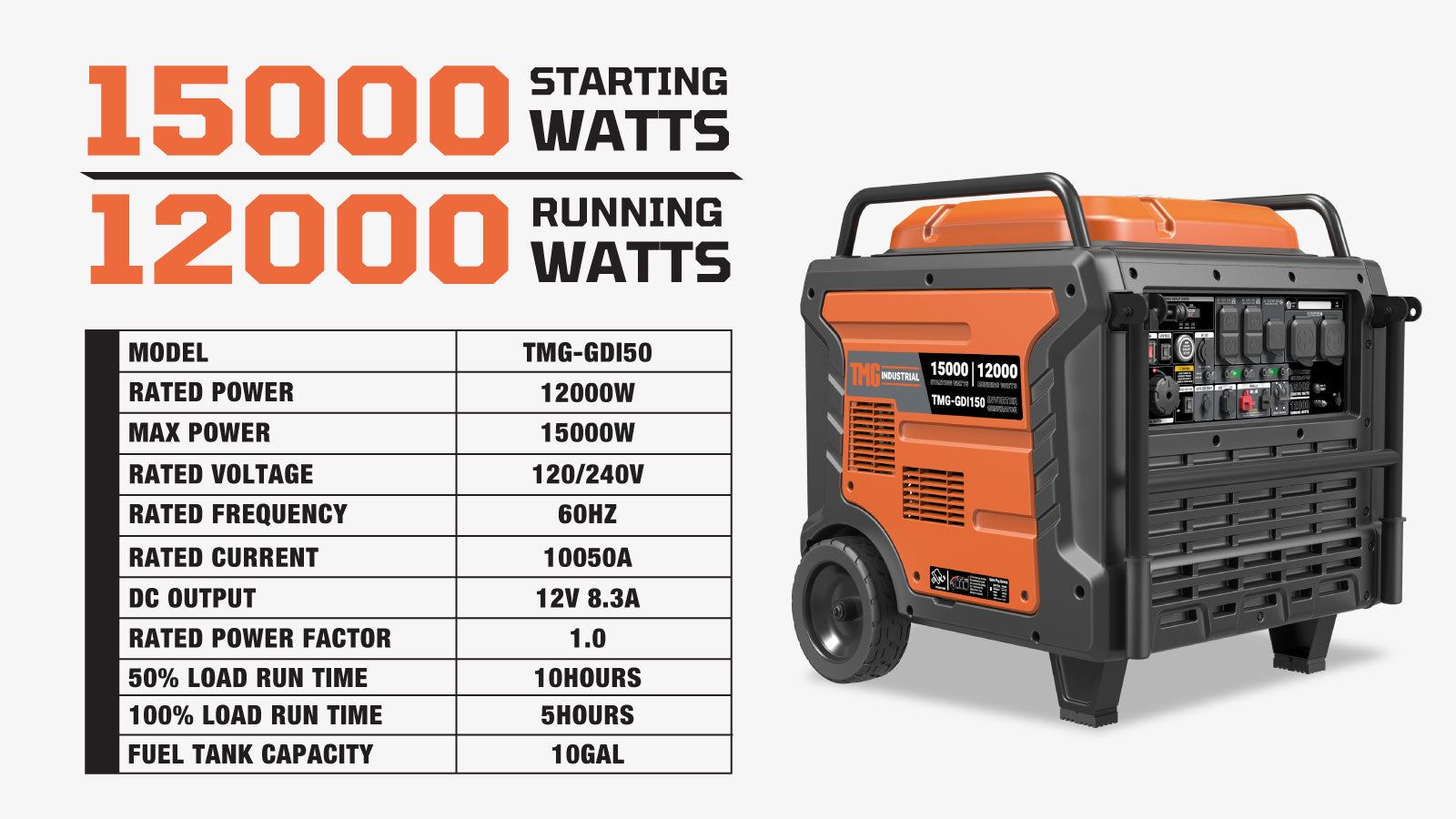 TMG Industrial 15000 Watt Digital Inverter Portable Generator, 10hrs 50% Load Run Time,  EPA Compliance, TMG-GDI150-specifications-image