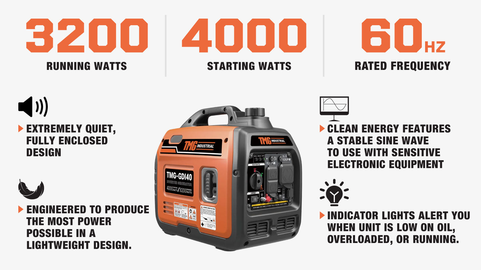 TMG Industrial 4000 Watt Digital Inverter Portable Generator, 3.5hrs 50% Load Run Time, CETL,ETL Certified For Canada/US, EPA Emissions Compliance, TMG-GDI40-description-image