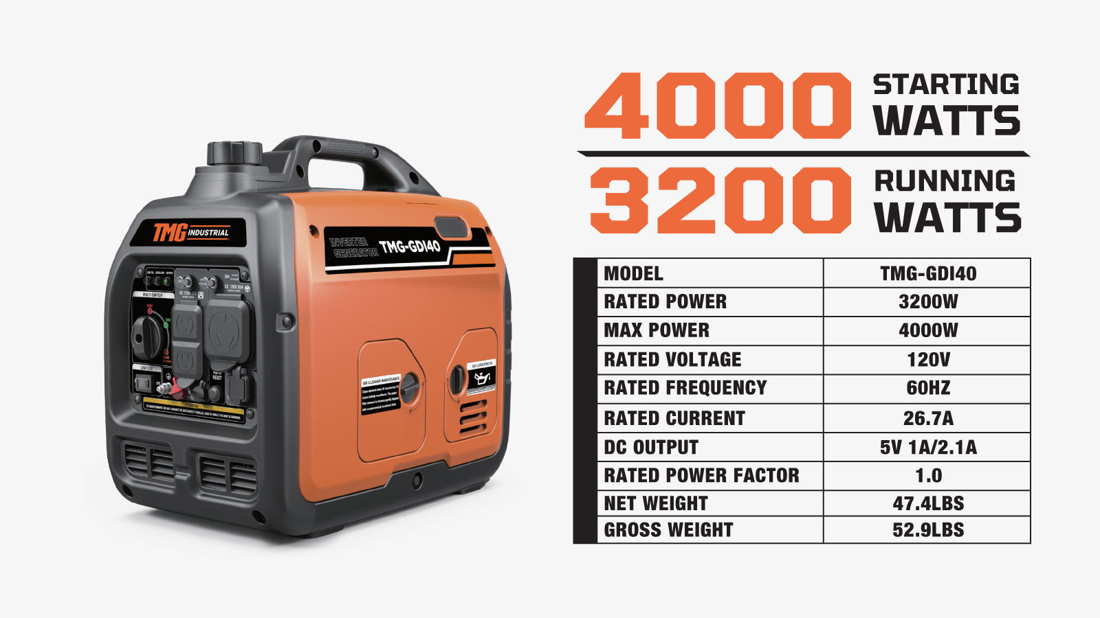 TMG Industrial 4000 Watt Digital Inverter Portable Generator, 3.5hrs 50% Load Run Time, CETL,ETL Certified For Canada/US, EPA Emissions Compliance, TMG-GDI40-specifications-image