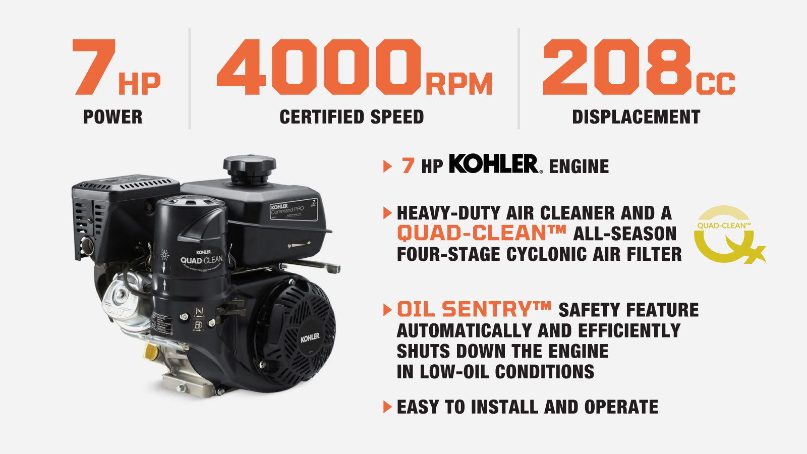 TMG Industrial Kohler 7HP Gasoline Engine CH270 Command Pro Series, Quad-Clean™ Cyclonic Air Filter, Large-Capacity Fuel Tank, TMG-GEK07-description-image