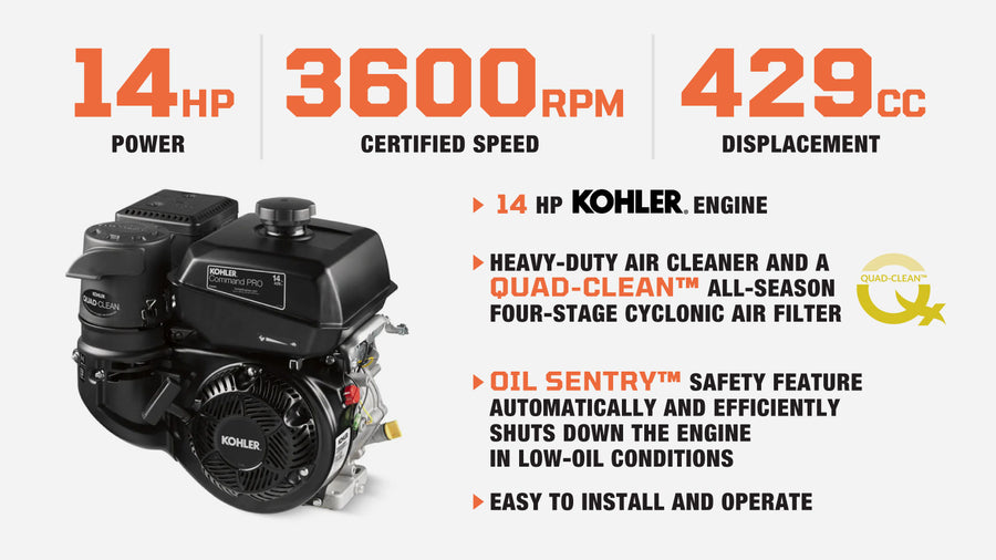 TMG Heavy Series™ Kohler 14 HP Gasoline Engine, CH440 Command, Quad-Clean™ Cyclonic Air Filter, Large-Capacity Fuel Tank, TMG-GEK14