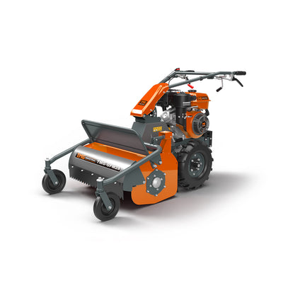 Front three-quarter view of TMG-GFM28 flail mower showing cutting head and engine.