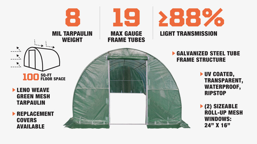 10' x 10' Tunnel Greenhouse Grow Tent w/Ripstop Leno Cover, Cold Frame, Roll-Up Mesh Windows, Round Top Roof, TMG-GH1010R