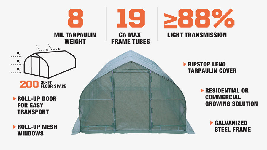 10' x 20' Tunnel Greenhouse Grow Tent w/Ripstop Leno Cover, Cold Frame, Roll-Up Mesh Windows, Peak Roof, TMG-GH1020P