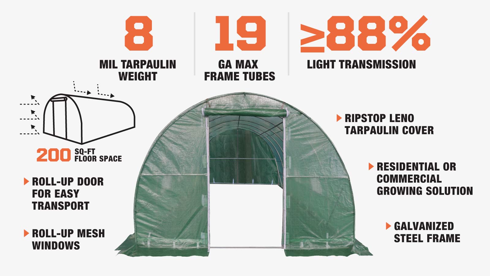 TMG Industrial 10' x 20' Tunnel Greenhouse Grow Tent with Ripstop Leno Cover, Cold Frame, Roll-Up Mesh Windows, Round Top Roof, TMG-GH1020R-description-image