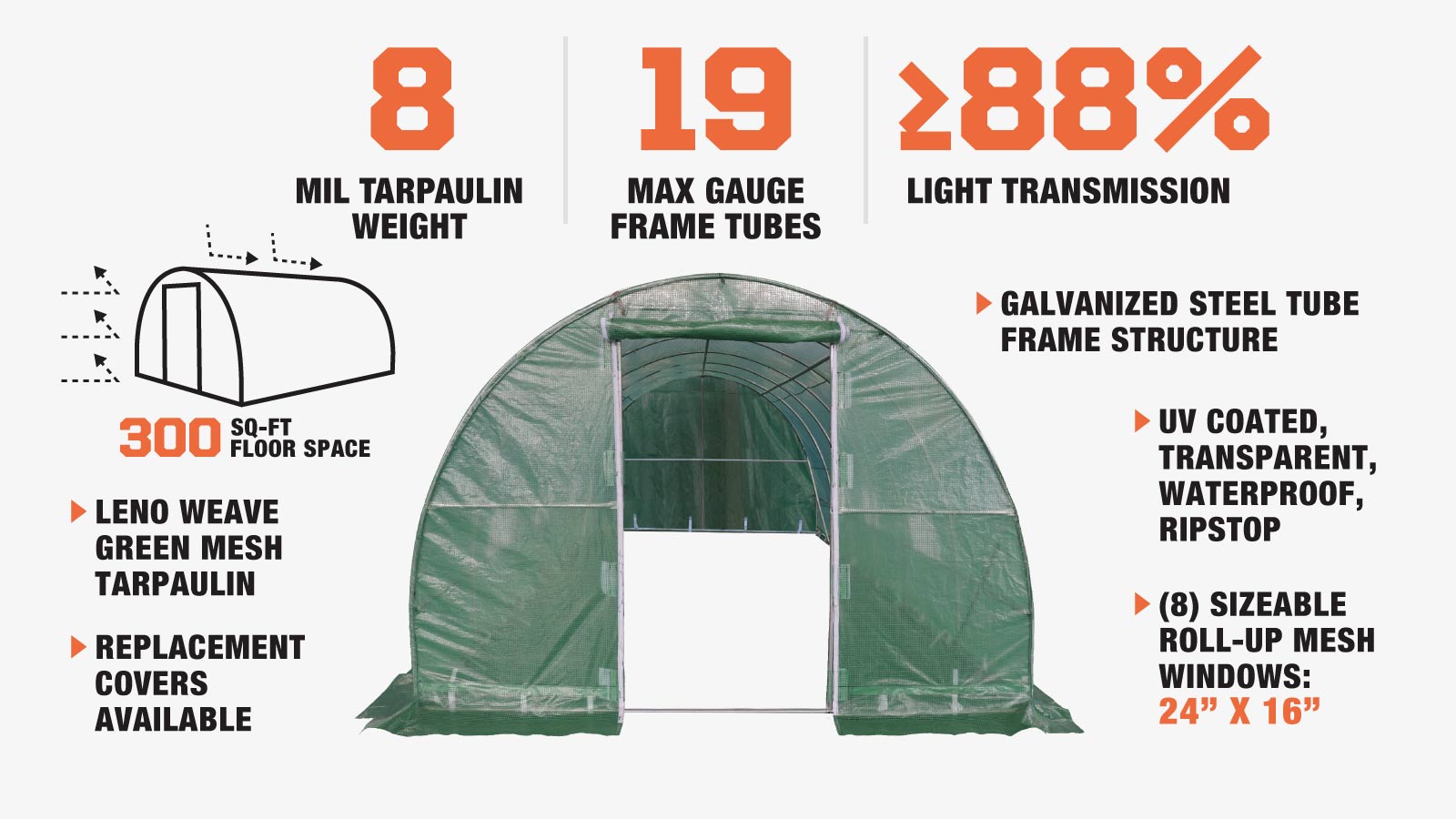 TMG Industrial 10' x 30' Tunnel Greenhouse Grow Tent with Ripstop Leno Cover, Cold Frame, Roll-Up Mesh Windows, Round Top Roof, TMG-GH1030R-description-image