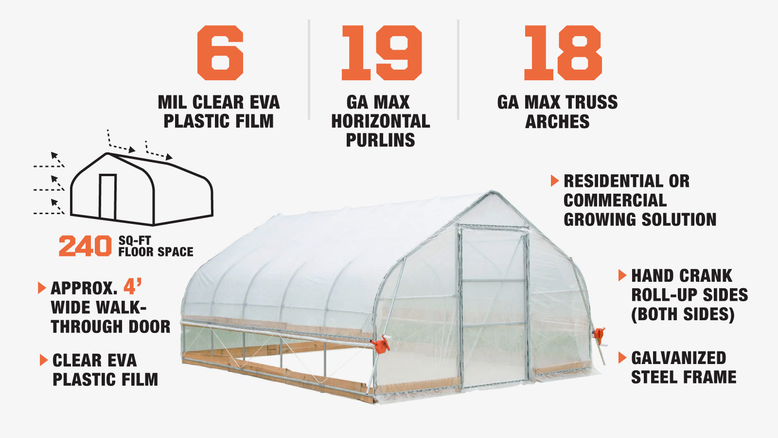 TMG Industrial 12’ x 20’ Tunnel Greenhouse Grow Tent w/6 Mil Clear EVA Plastic Film, Cold Frame, Hand Crank Roll-Up Sides, Peak Ceiling Roof, TMG-GH1220-description-image