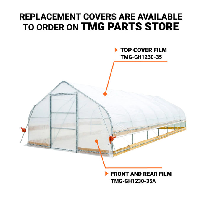 TMG Industrial 12' x 30' Tente de culture en tunnel avec film plastique EVA transparent de 6 mil, cadre froid, côtés enroulables à manivelle, toit de plafond en pointe, TMG-GH1230