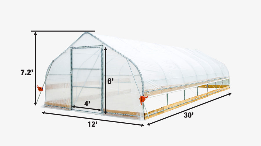 12' x 30' Tunnel Greenhouse Grow Tent w/6 Mil Clear EVA Plastic Film, Cold Frame, Hand Crank Roll-Up Sides, Peak Ceiling Roof, TMG-GH1230
