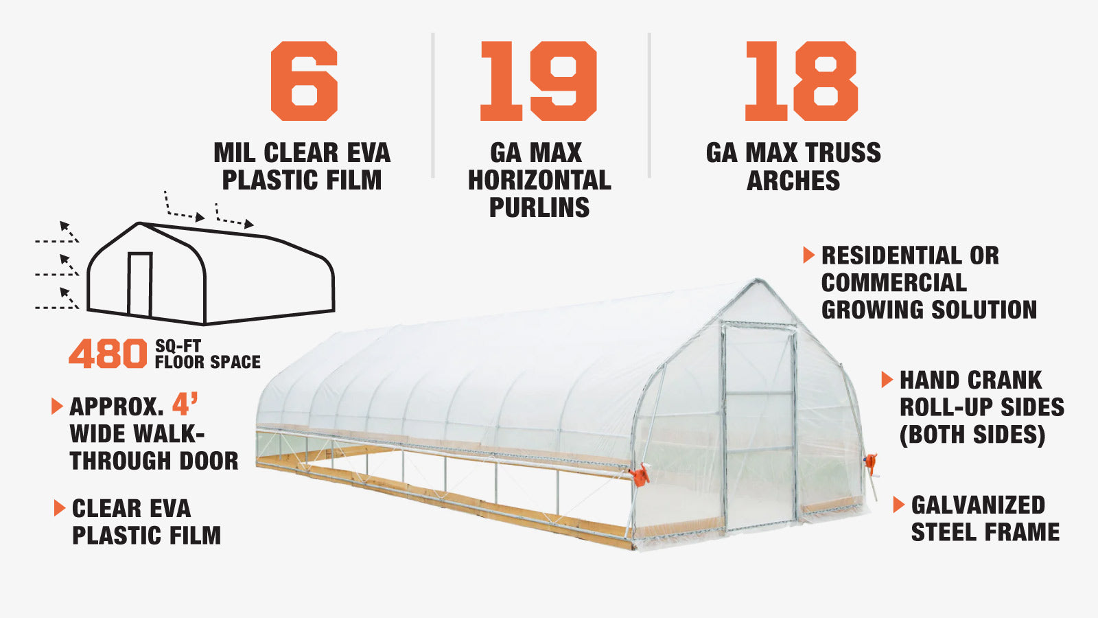 TMG Industrial 12' x 40' Tente de culture en tunnel avec film plastique EVA transparent de 6 mil, cadre froid, côtés enroulables à manivelle, toit de plafond en pointe, TMG-GH1240-description-image