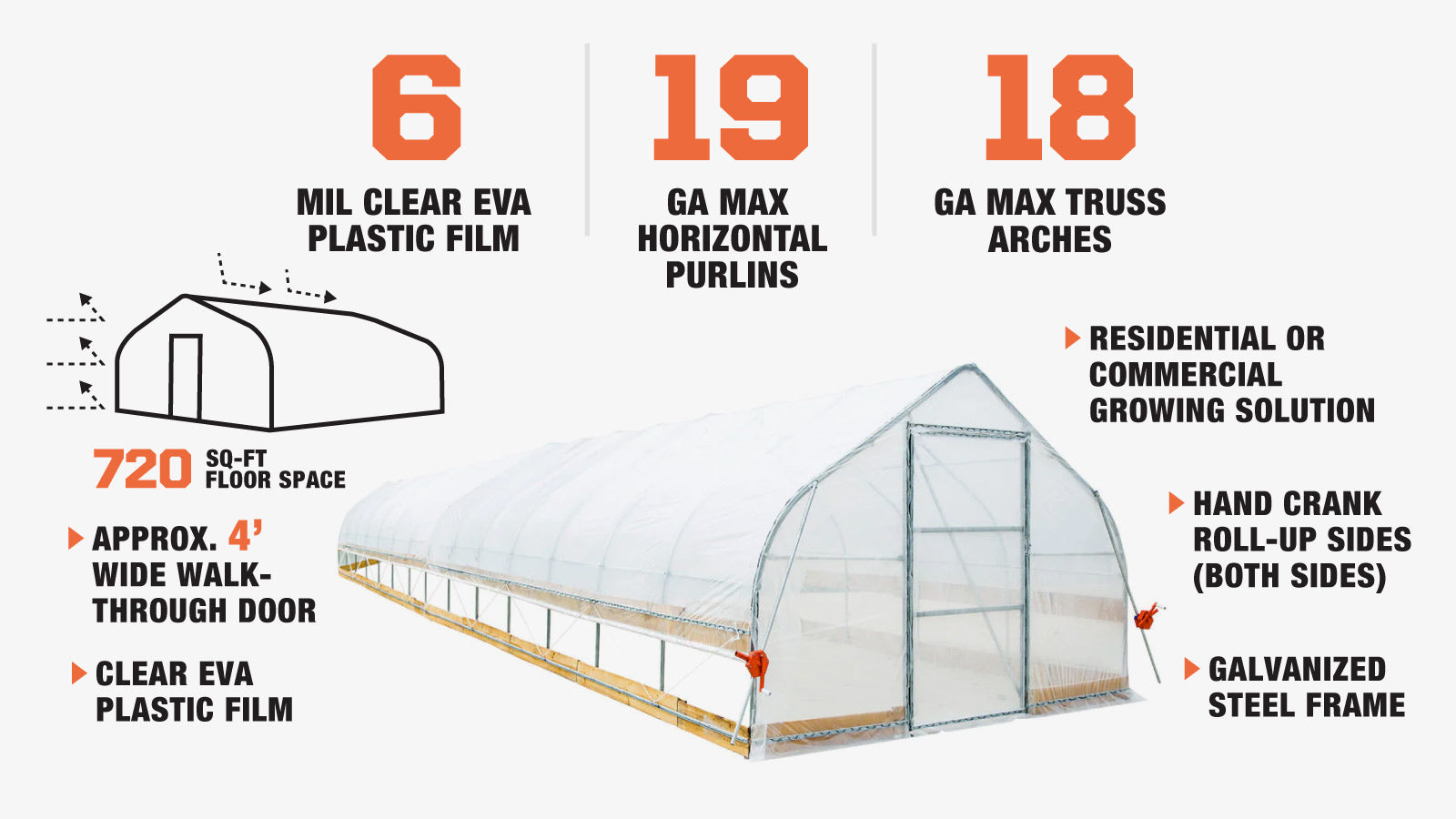 TMG Industrial 12' x 60' Tente de culture en tunnel avec film plastique EVA transparent de 6 mil, cadre froid, côtés enroulables à manivelle, toit de plafond en pointe, TMG-GH1260-description-image