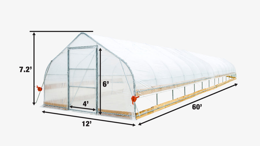12' x 60' Tunnel Greenhouse Grow Tent w/6 Mil Clear EVA Plastic Film, Cold Frame, Hand Crank Roll-Up Sides, Peak Ceiling Roof, TMG-GH1260