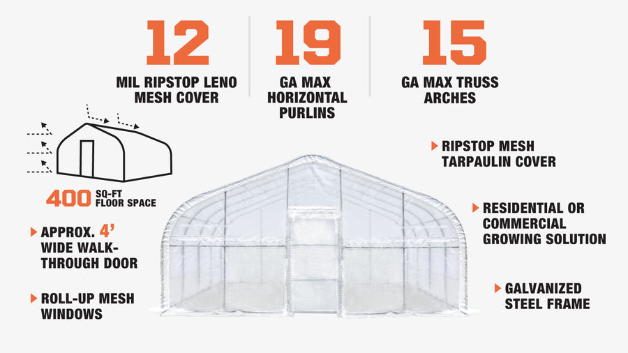 20' x 20' Tunnel Greenhouse Grow Tent w/12 Mil Ripstop Leno Mesh Cover, Cold Frame, Roll-up Windows, Peak Ceiling Roof, TMG-GH2020