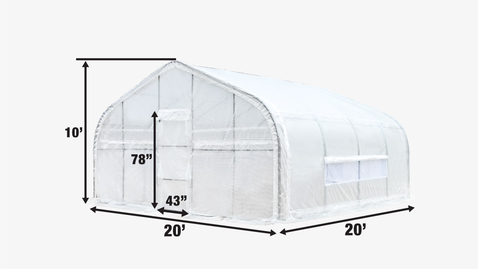 TMG Industrial 20' x 20' Tunnel Greenhouse Grow Tent with 12 Mil Ripstop Leno Mesh Cover, Cold Frame, Roll-up Windows, Peak Ceiling Roof, TMG-GH2020-specifications-image