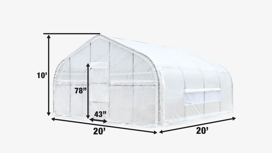 20' x 20' Tunnel Greenhouse Grow Tent w/12 Mil Ripstop Leno Mesh Cover, Cold Frame, Roll-up Windows, Peak Ceiling Roof, TMG-GH2020