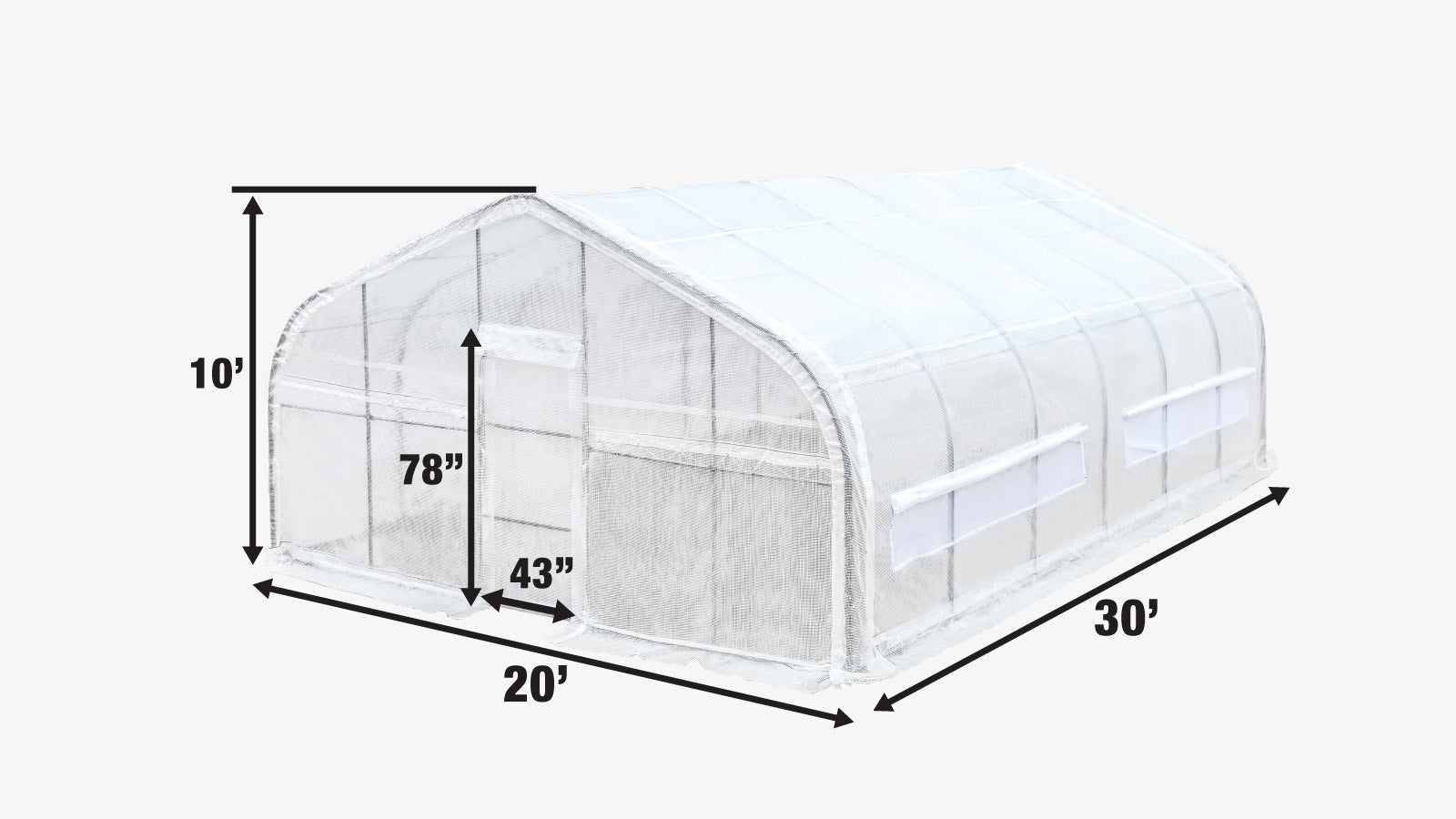 TMG Industrial 20’ x 30’ Tunnel Greenhouse Grow Tent w/12 Mil Ripstop Leno Mesh Cover, Cold Frame, Roll-up Windows, Peak Ceiling Roof, TMG-GH2030-specifications-image