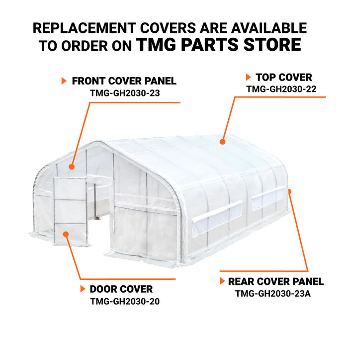 TMG Industrial 20' x 30' Tunnel Greenhouse Grow Tent with 12 Mil Ripstop Leno Mesh Cover, Cold Frame, Roll-up Windows, Peak Ceiling Roof, TMG-GH2030