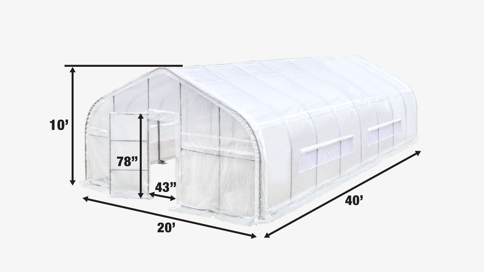 TMG Industrial 20' x 40' Tunnel Greenhouse Grow Tent with 12 Mil Ripstop Leno Mesh Cover, Cold Frame, Roll-up Windows, Peak Ceiling Roof, TMG-GH2040-specifications-image
