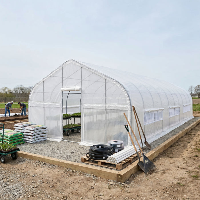 TMG Industrial 20' x 50' Tunnel Greenhouse Grow Tent with 12 Mil Ripstop Leno Mesh Cover, Cold Frame, Roll-up Windows, Peak Ceiling Roof, TMG-GH2050