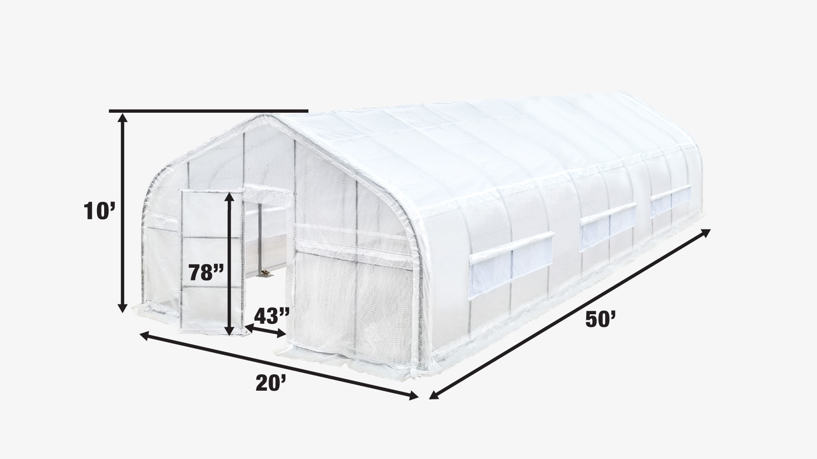 TMG Industrial 20’ x 50’ Tunnel Greenhouse Grow Tent w/12 Mil Ripstop Leno Mesh Cover, Cold Frame, Roll-up Windows, Peak Ceiling Roof, TMG-GH2050-specifications-image