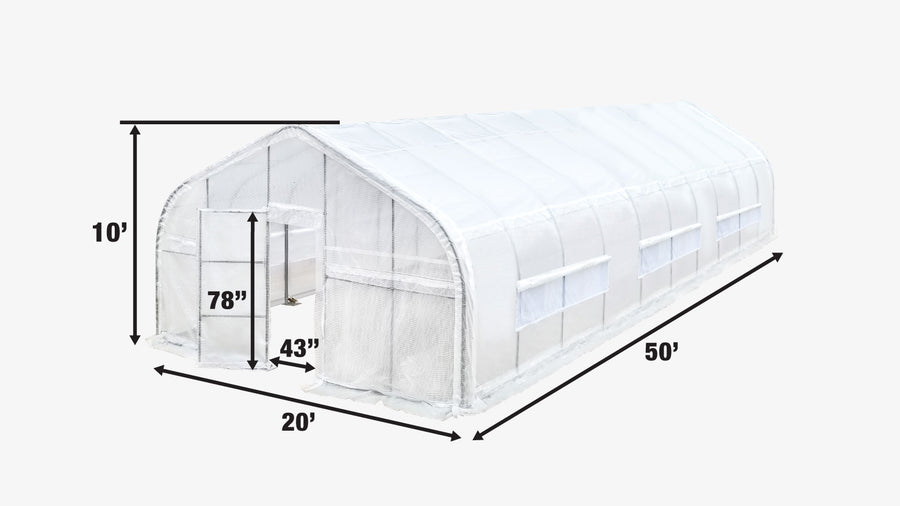 TMG Industrial 20' x 50' Tunnel Greenhouse Grow Tent with 12 Mil Ripstop Leno Mesh Cover, Cold Frame, Roll-up Windows, Peak Ceiling Roof, TMG-GH2050