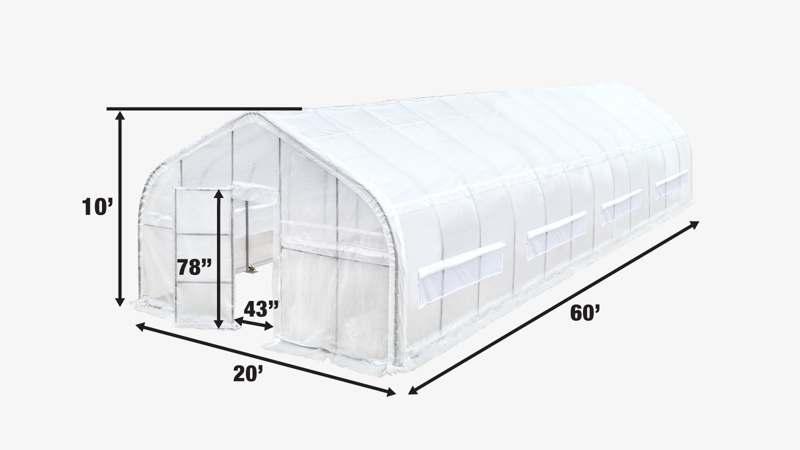 TMG Industrial 20' x 60' Tunnel Greenhouse Grow Tent with 12 Mil Ripstop Leno Mesh Cover, Cold Frame, Roll-up Windows, Peak Ceiling Roof, TMG-GH2060-specifications-image