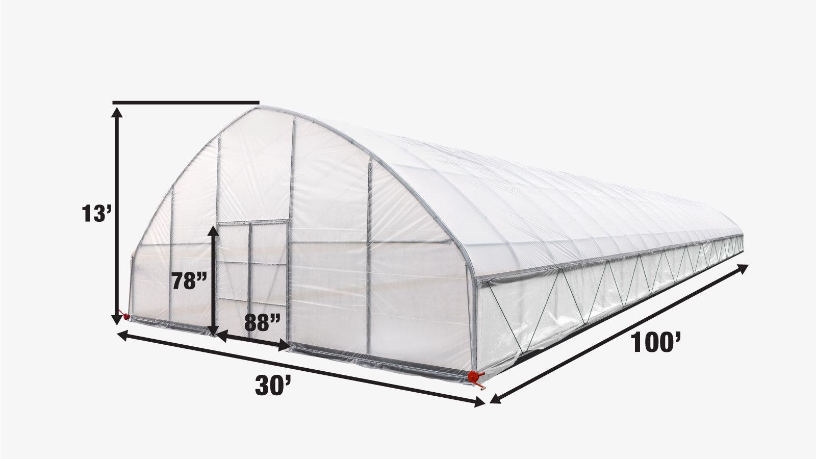 TMG Industrial 30' x 100' Tente de culture en tunnel avec film plastique EVA transparent de 6 mil, cadre froid, côtés enroulables à manivelle, toit de plafond en pointe, TMG-GH30100-specifications-image