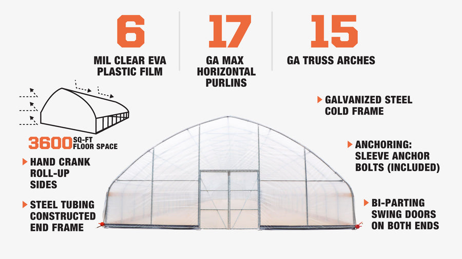 30' x 120' Commercial Tunnel Greenhouse with 6 Mil Clear Poly Covers and Roll-Up Sides TMG-GH30120