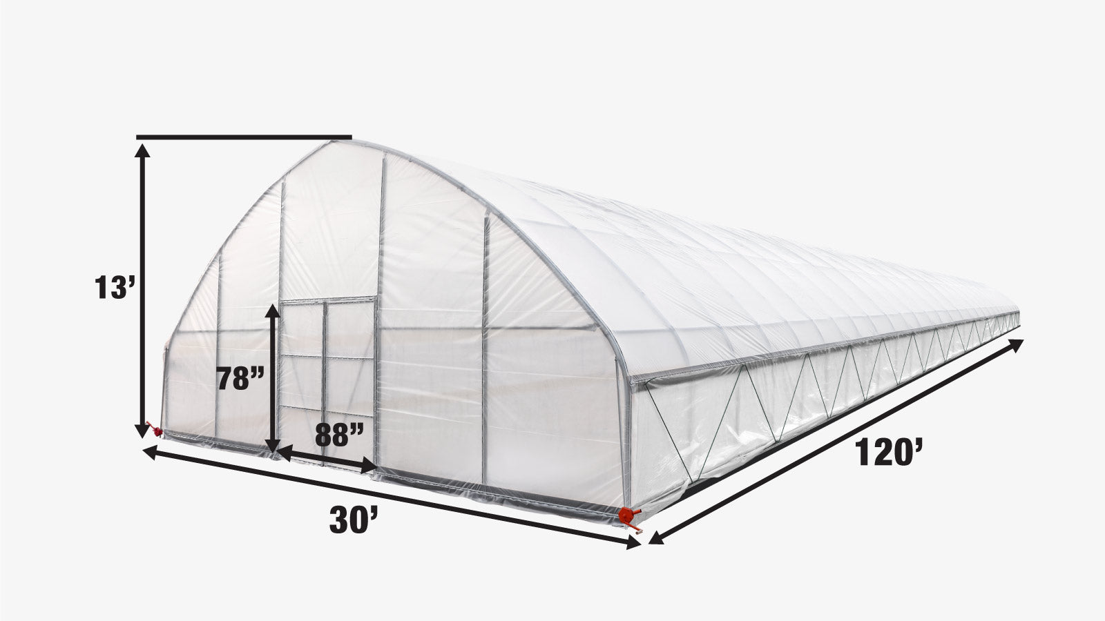 TMG Industrial 30' x 120' Tente de culture en tunnel avec film plastique EVA transparent de 6 mil, cadre froid, côtés enroulables à manivelle, toit de plafond en pointe, TMG-GH30120-specifications-image