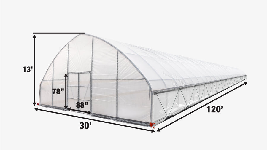 30' x 120' Commercial Tunnel Greenhouse with 6 Mil Clear Poly Covers and Roll-Up Sides TMG-GH30120